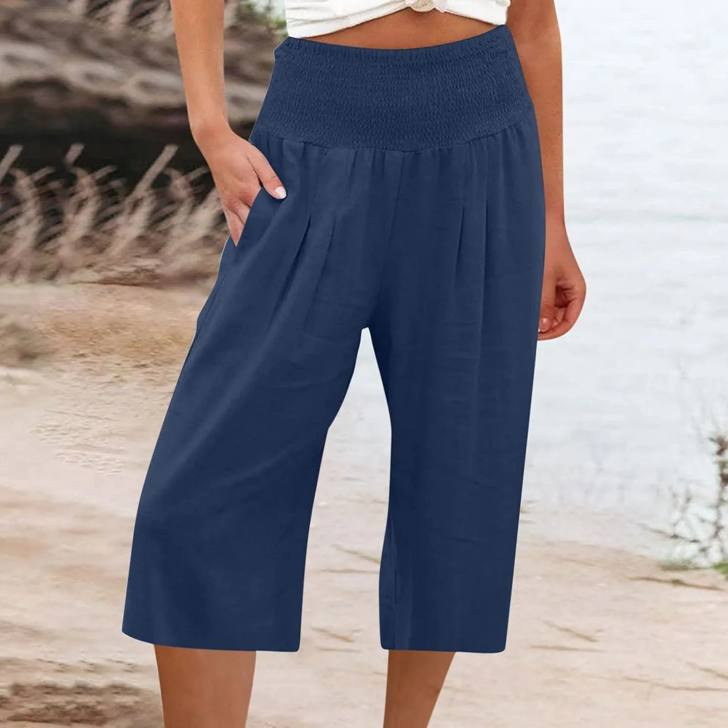 SMIDOW Capri Pants for Women Casual Summer Smocked Elastic High Waisted Linen Pant Solid Loose Wide Leg Capris Trousers