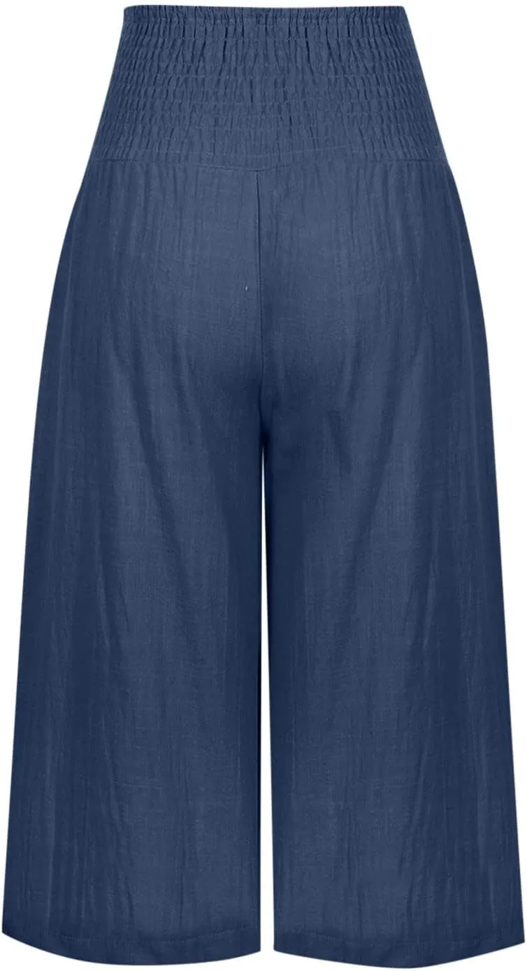 SMIDOW Capri Pants for Women Casual Summer Smocked Elastic High Waisted Linen Pant Solid Loose Wide Leg Capris Trousers
