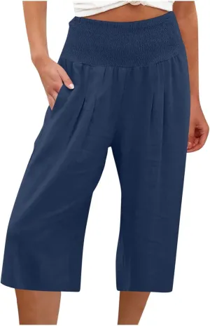 SMIDOW Capri Pants for Women Casual Summer Smocked Elastic High Waisted Linen Pant Solid Loose Wide Leg Capris Trousers
