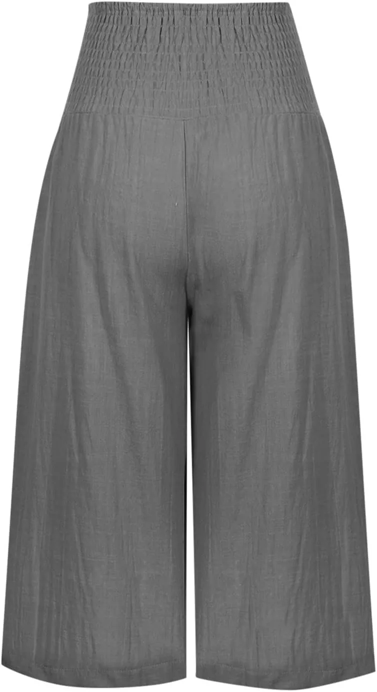 SMIDOW Capri Pants for Women Casual Summer Smocked Elastic High Waisted Linen Pant Solid Loose Wide Leg Capris Trousers
