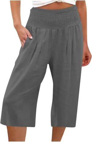 SMIDOW Capri Pants for Women Casual Summer Smocked Elastic High Waisted Linen Pant Solid Loose Wide Leg Capris Trousers