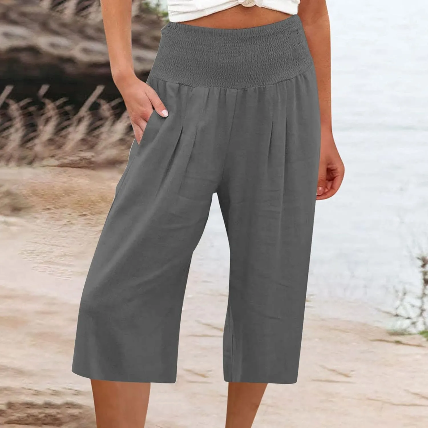 SMIDOW Capri Pants for Women Casual Summer Smocked Elastic High Waisted Linen Pant Solid Loose Wide Leg Capris Trousers