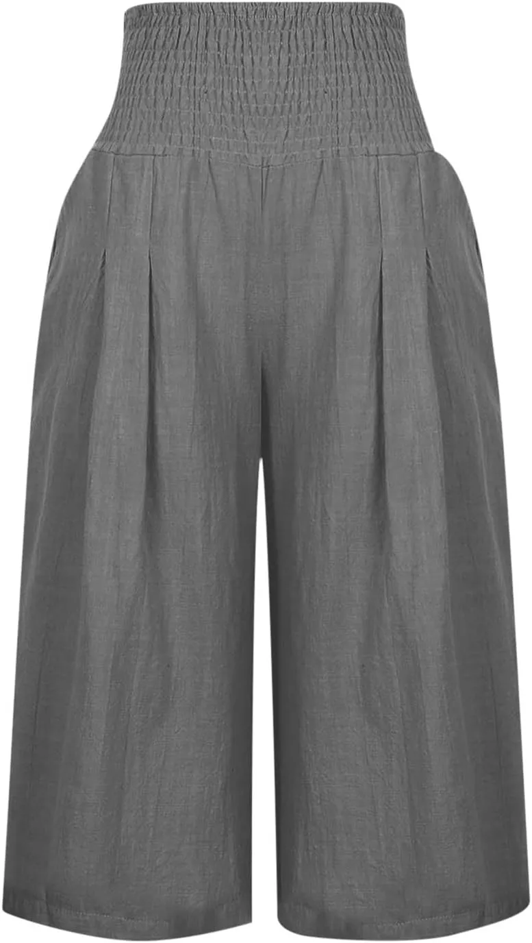 SMIDOW Capri Pants for Women Casual Summer Smocked Elastic High Waisted Linen Pant Solid Loose Wide Leg Capris Trousers