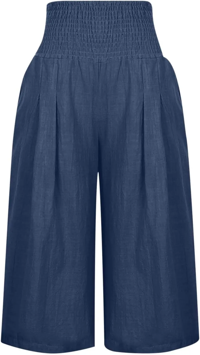 SMIDOW Capri Pants for Women Casual Summer Smocked Elastic High Waisted Linen Pant Solid Loose Wide Leg Capris Trousers