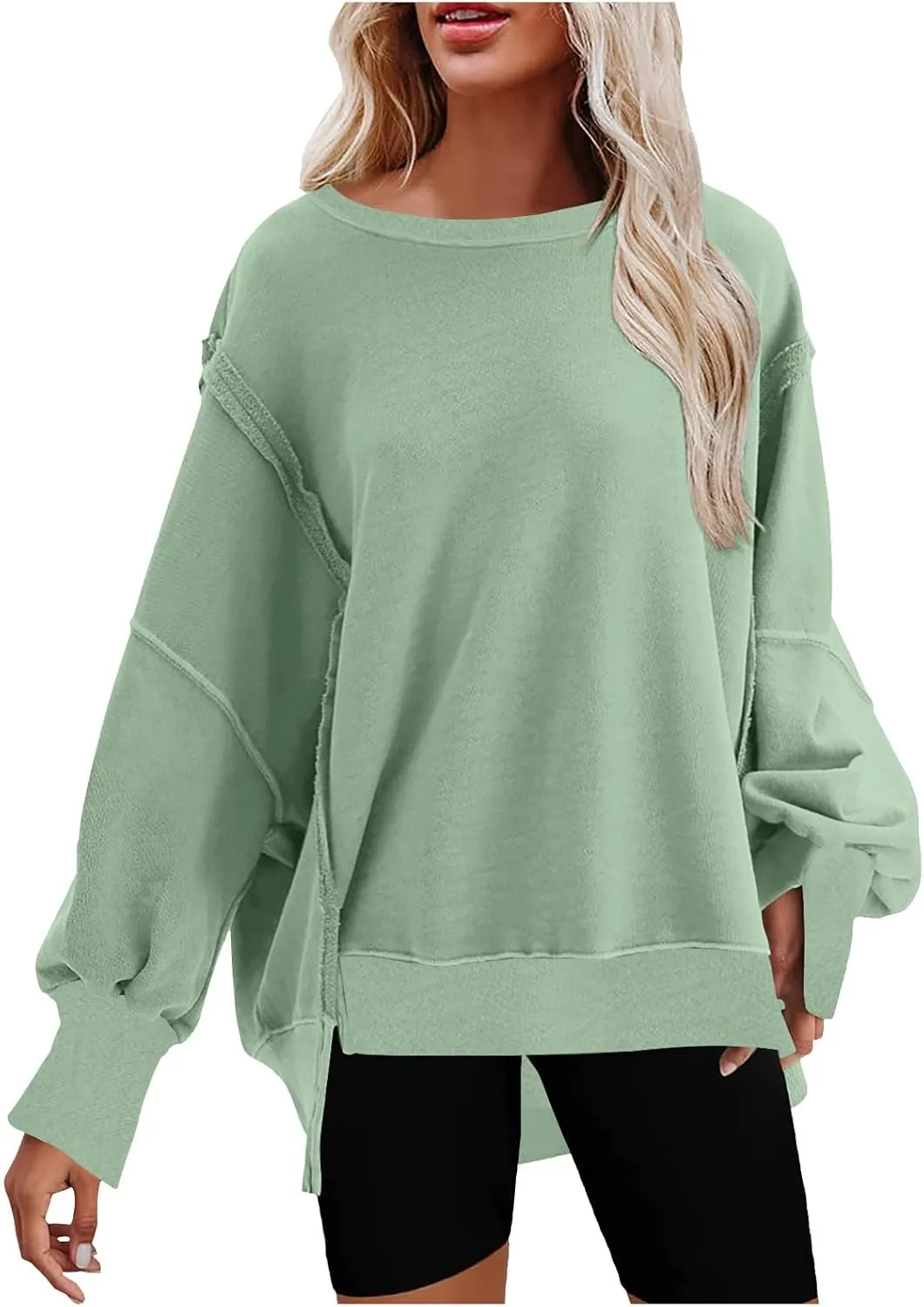 SMIDOW Womens Oversized Crewneck Sweatshirts Hoodies Fall 2023 Fashion Warm Y2k Clothes Casual Slit Sloucthy Pullover Tops