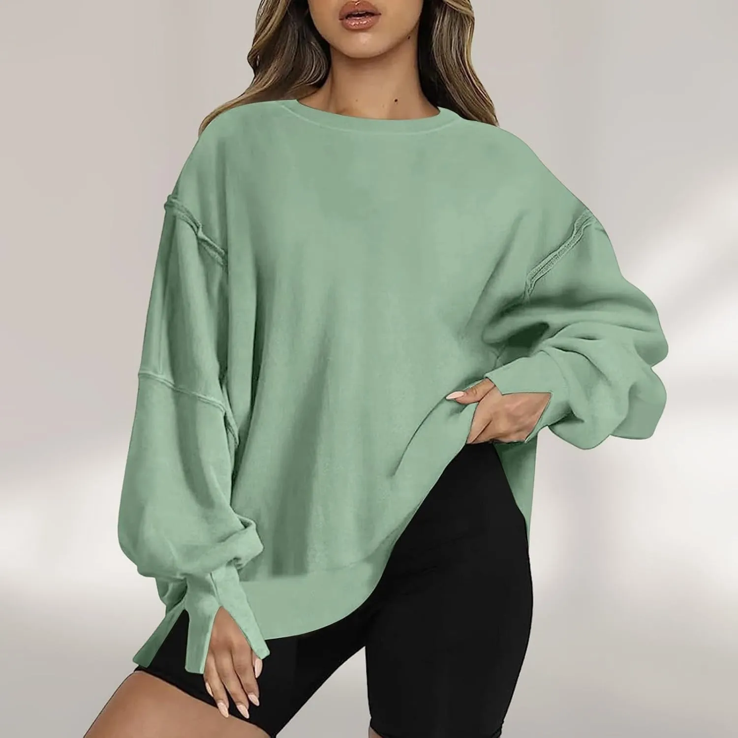 SMIDOW Womens Oversized Crewneck Sweatshirts Hoodies Fall 2023 Fashion Warm Y2k Clothes Casual Slit Sloucthy Pullover Tops