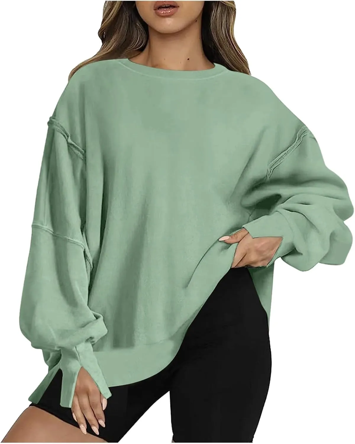 SMIDOW Womens Oversized Crewneck Sweatshirts Hoodies Fall 2023 Fashion Warm Y2k Clothes Casual Slit Sloucthy Pullover Tops