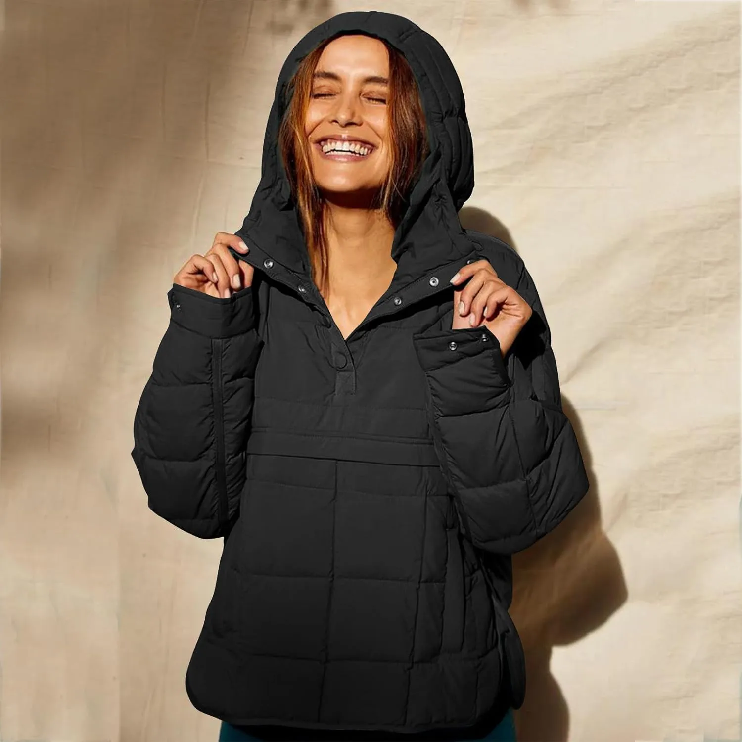 SMIDOW Womens Oversized Puffer Jacket Quilted Dolman Hoodies Lightweight Button Down Hooded Pullover Fall Winter Warm Clothes
