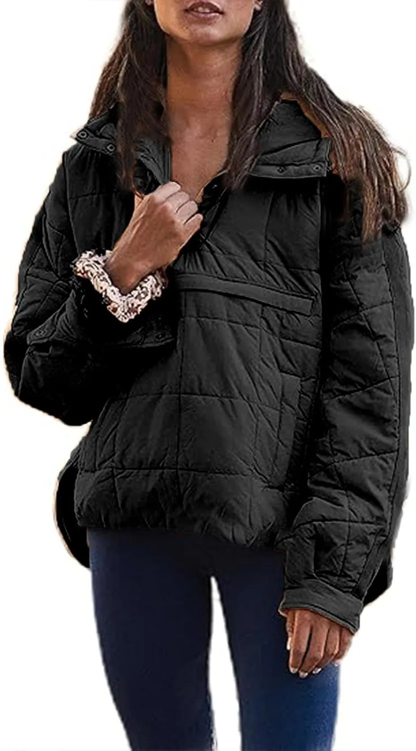 SMIDOW Womens Oversized Puffer Jacket Quilted Dolman Hoodies Lightweight Button Down Hooded Pullover Fall Winter Warm Clothes