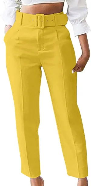 Soild Color Elegant Pantswith Belt for Women High Waist Elastic Trouser with Pocket Straight Legs Long Pants for Work