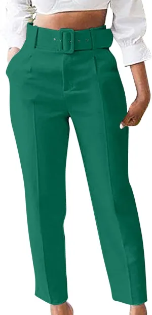 Soild Color Elegant Pantswith Belt for Women High Waist Elastic Trouser with Pocket Straight Legs Long Pants for Work