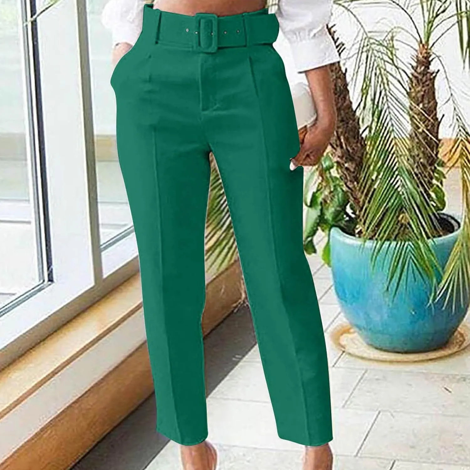 Soild Color Elegant Pantswith Belt for Women High Waist Elastic Trouser with Pocket Straight Legs Long Pants for Work