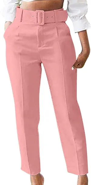 Soild Color Elegant Pantswith Belt for Women High Waist Elastic Trouser with Pocket Straight Legs Long Pants for Work