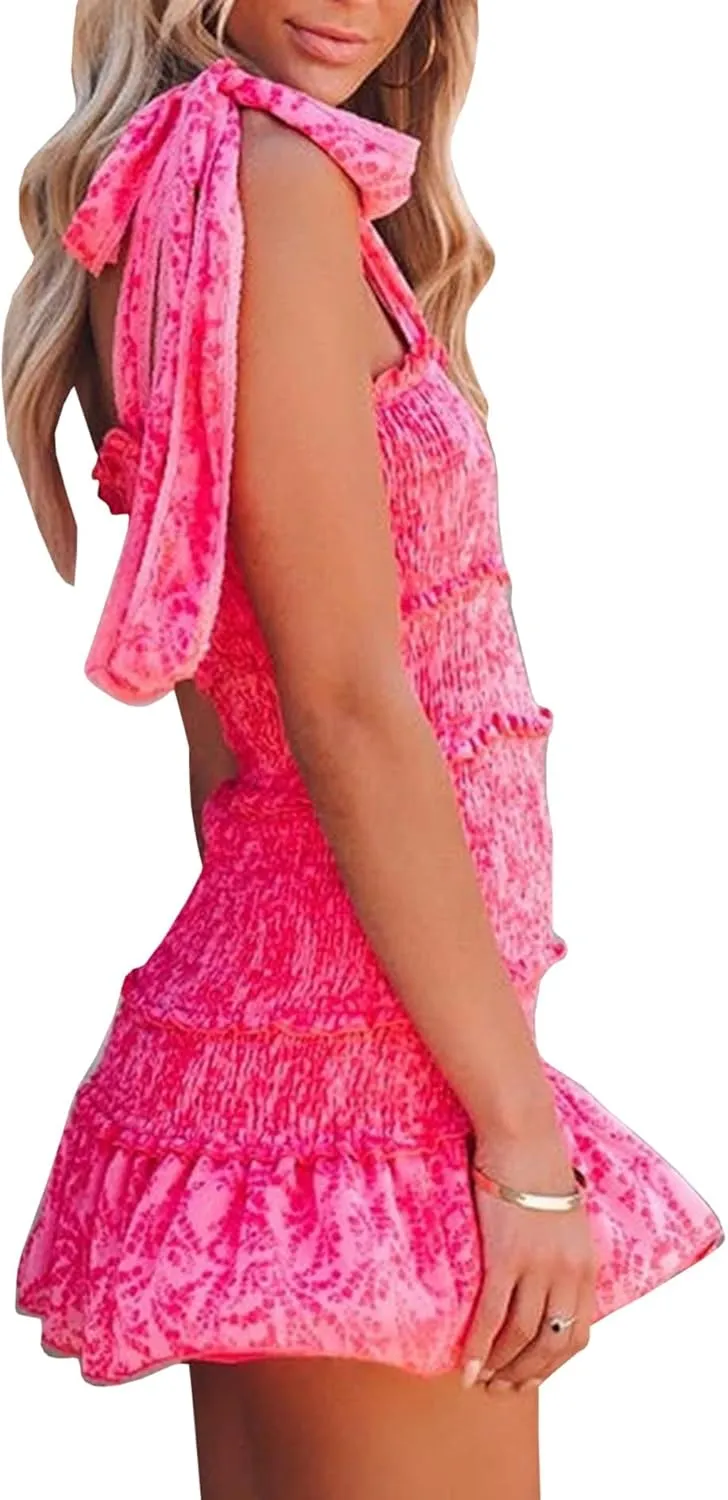 SOMTHRON Women's Summer Floral Tie Shoulder Mini Dress Sleeveless Ruffle Smocked Square Neck Boho Short Dress