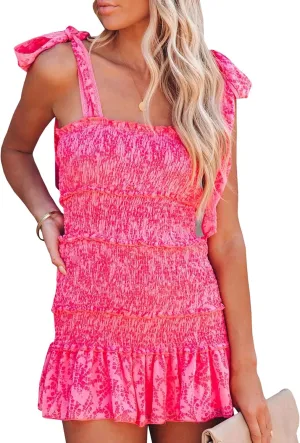 SOMTHRON Women's Summer Floral Tie Shoulder Mini Dress Sleeveless Ruffle Smocked Square Neck Boho Short Dress