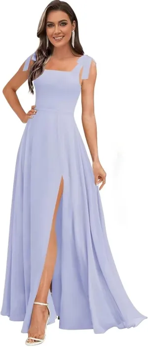 Spaghetti Straps Long Bridesmaid Dresses for Wedding Square Neck Chiffon Formal Dresses with Slit