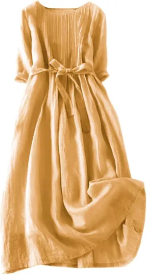 Spring Casual Dresses for Women Summer Floral Midi Flowy Dress Button Down Short Sleeve Tiered Smocked Drawstring Dress