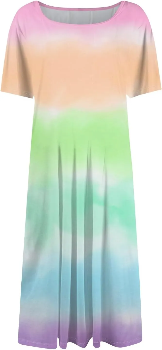Spring Dresses for Women 2025 Cinched Waist Short Sleeve with Side Pocket Womens Dress Flowy Midi Scoop Neck Dress
