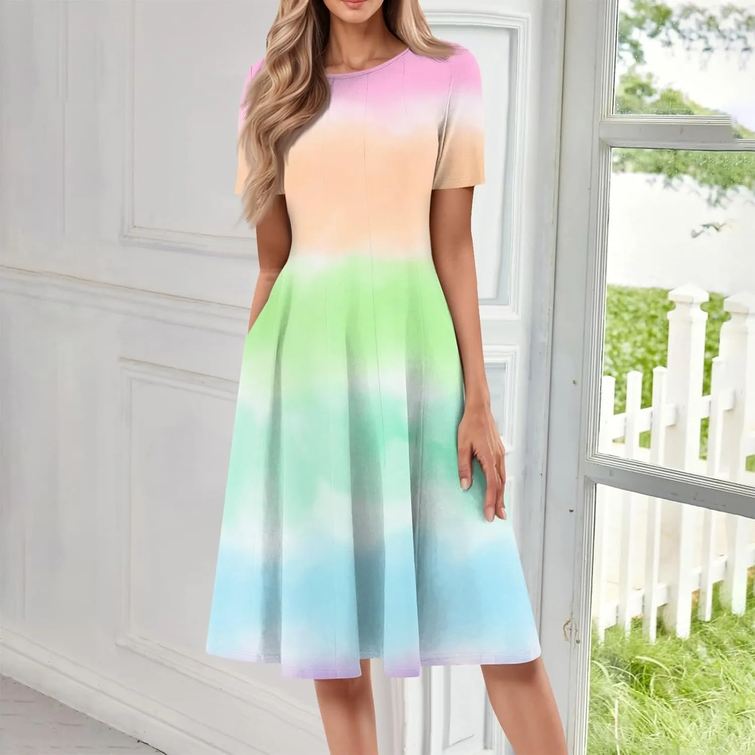Spring Dresses for Women 2025 Cinched Waist Short Sleeve with Side Pocket Womens Dress Flowy Midi Scoop Neck Dress