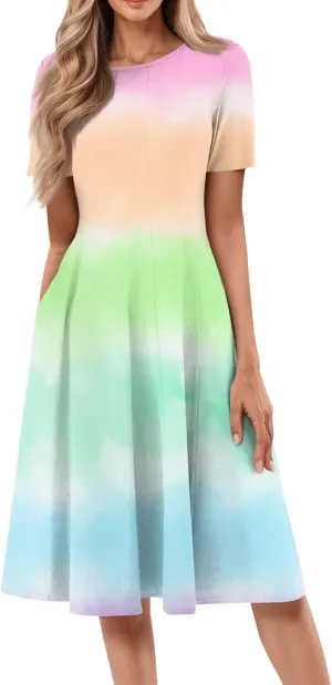 Spring Dresses for Women 2025 Cinched Waist Short Sleeve with Side Pocket Womens Dress Flowy Midi Scoop Neck Dress