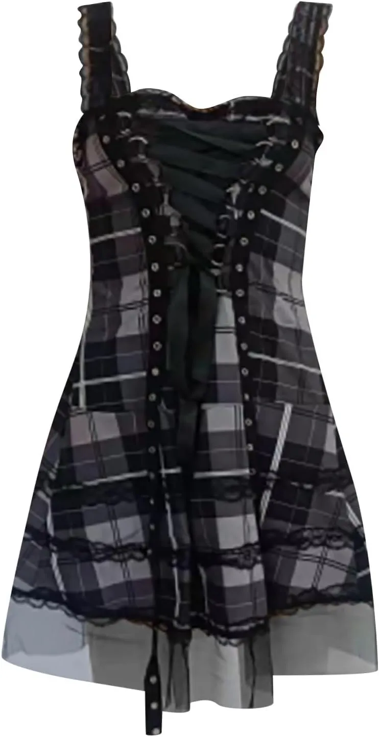 Steampunk Lace Up Plaid Skirt Medieval Renaissance Corset Mini Dress for Women Sleeveless Cami Gothic Lace Trim Costumes