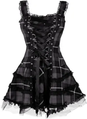 Steampunk Lace Up Plaid Skirt Medieval Renaissance Corset Mini Dress for Women Sleeveless Cami Gothic Lace Trim Costumes
