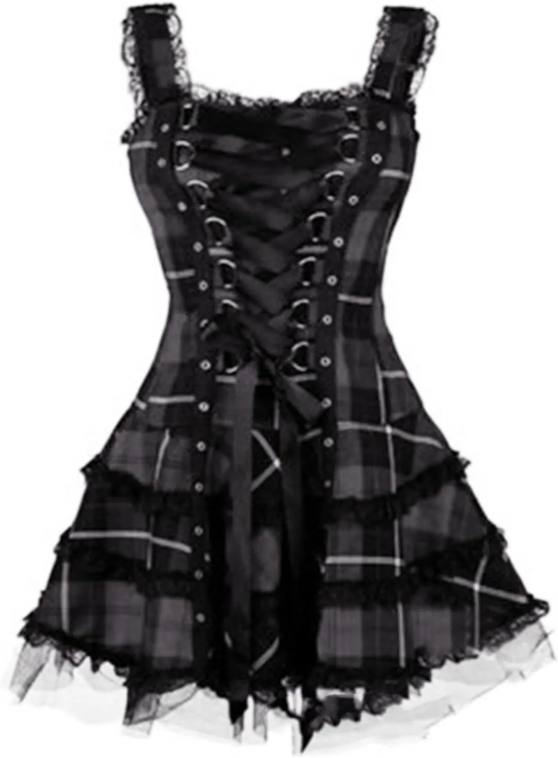 Steampunk Lace Up Plaid Skirt Medieval Renaissance Corset Mini Dress for Women Sleeveless Cami Gothic Lace Trim Costumes