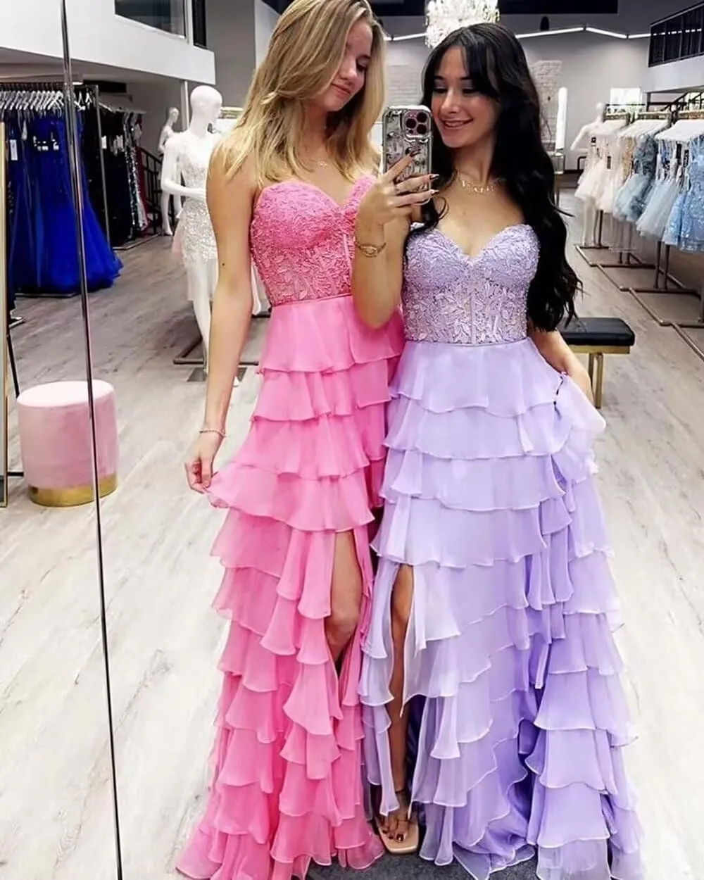 Strapless Corset Prom Dresses for Women 2025 Long Lace Chiffon Ruffles Tiered Formal Evening Gowns with Slit