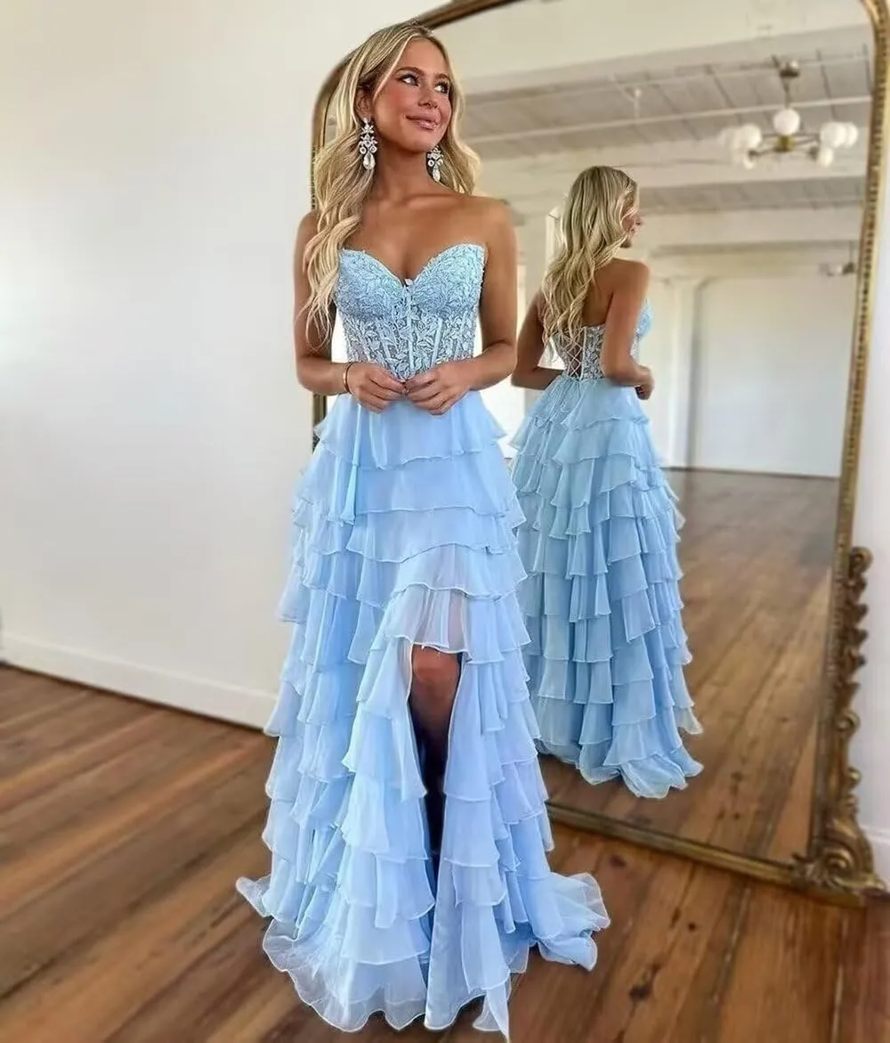 Strapless Corset Prom Dresses for Women 2025 Long Lace Chiffon Ruffles Tiered Formal Evening Gowns with Slit