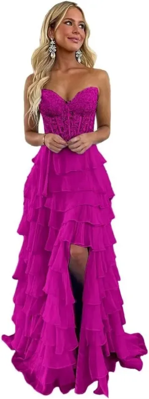 Strapless Corset Prom Dresses for Women 2025 Long Lace Chiffon Ruffles Tiered Formal Evening Gowns with Slit