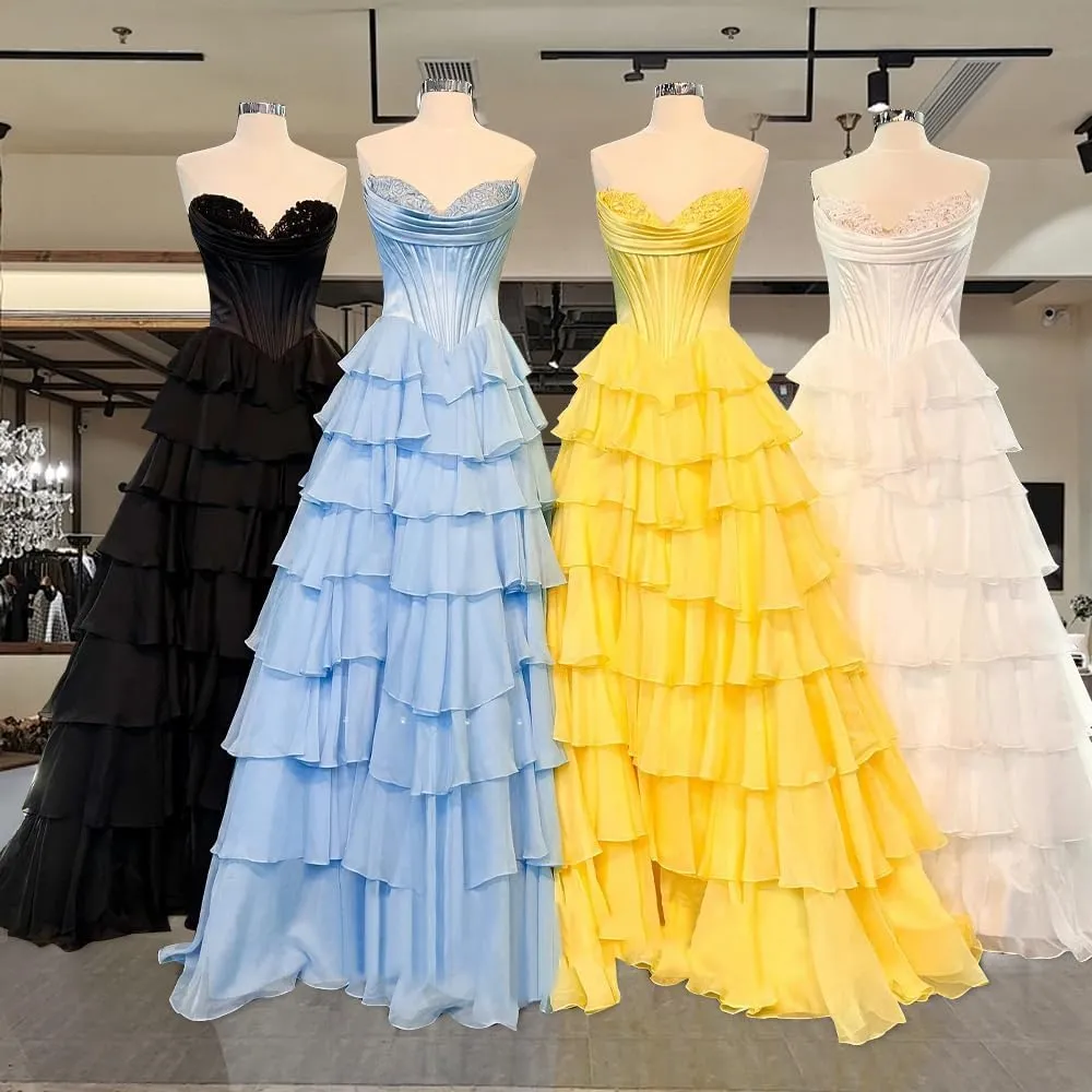 Strapless Corset Prom Dresses for Women 2025 Long Tiered Ruffles Chiffon Formal Evening Party Ball Gowns with Slit