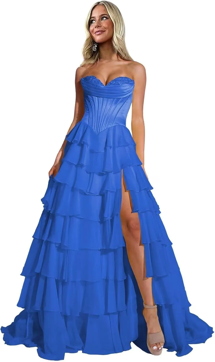 Strapless Corset Prom Dresses for Women 2025 Long Tiered Ruffles Chiffon Formal Evening Party Ball Gowns with Slit