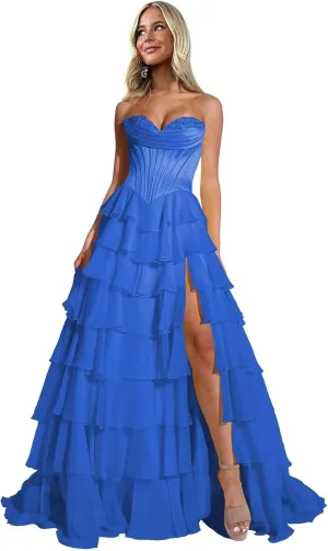 Strapless Corset Prom Dresses for Women 2025 Long Tiered Ruffles Chiffon Formal Evening Party Ball Gowns with Slit