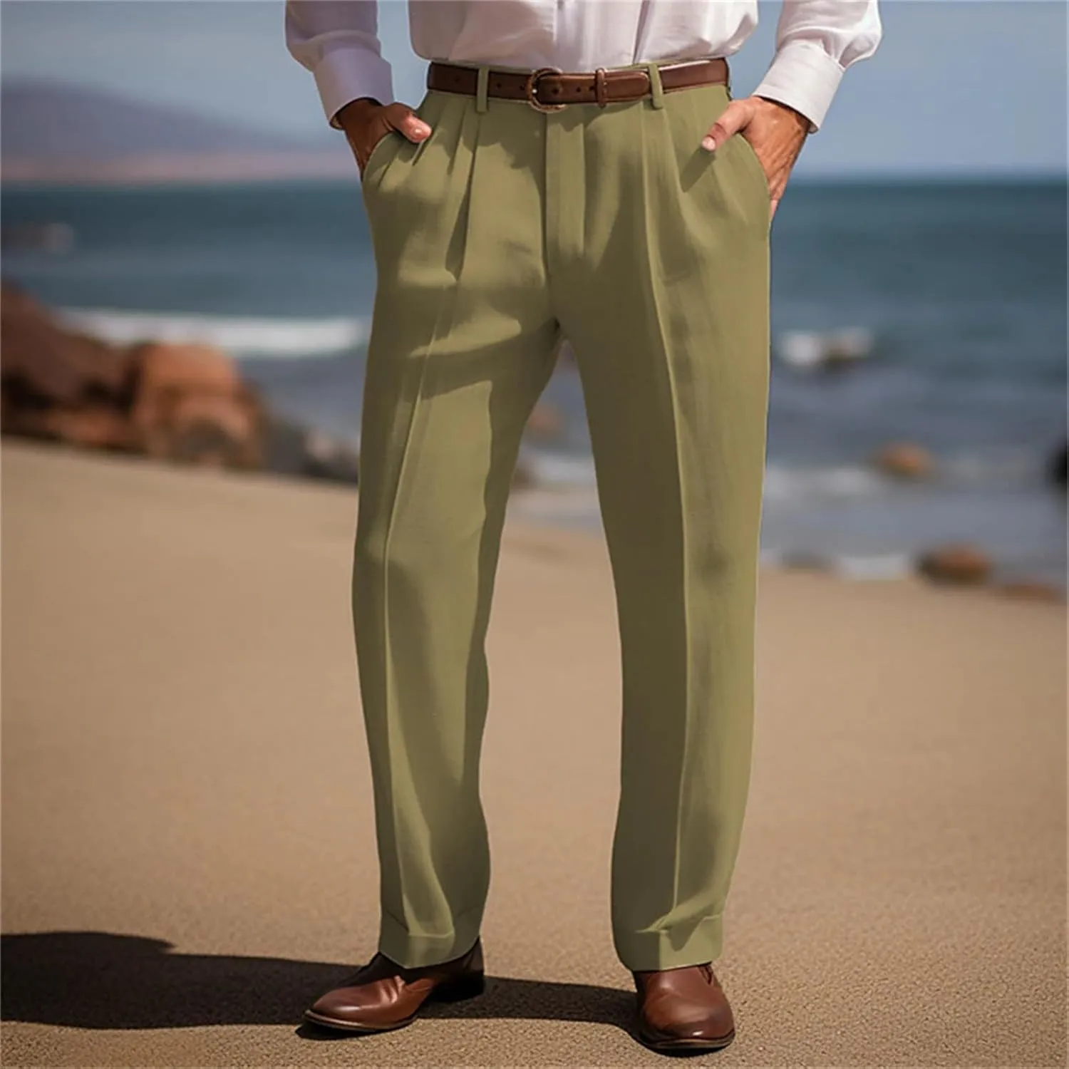Suit Dress Pants for Men Vintage Slim Fit Stretchy Pant Cotton Linen Breathable Straight Leg Trousers Pleated Slacks