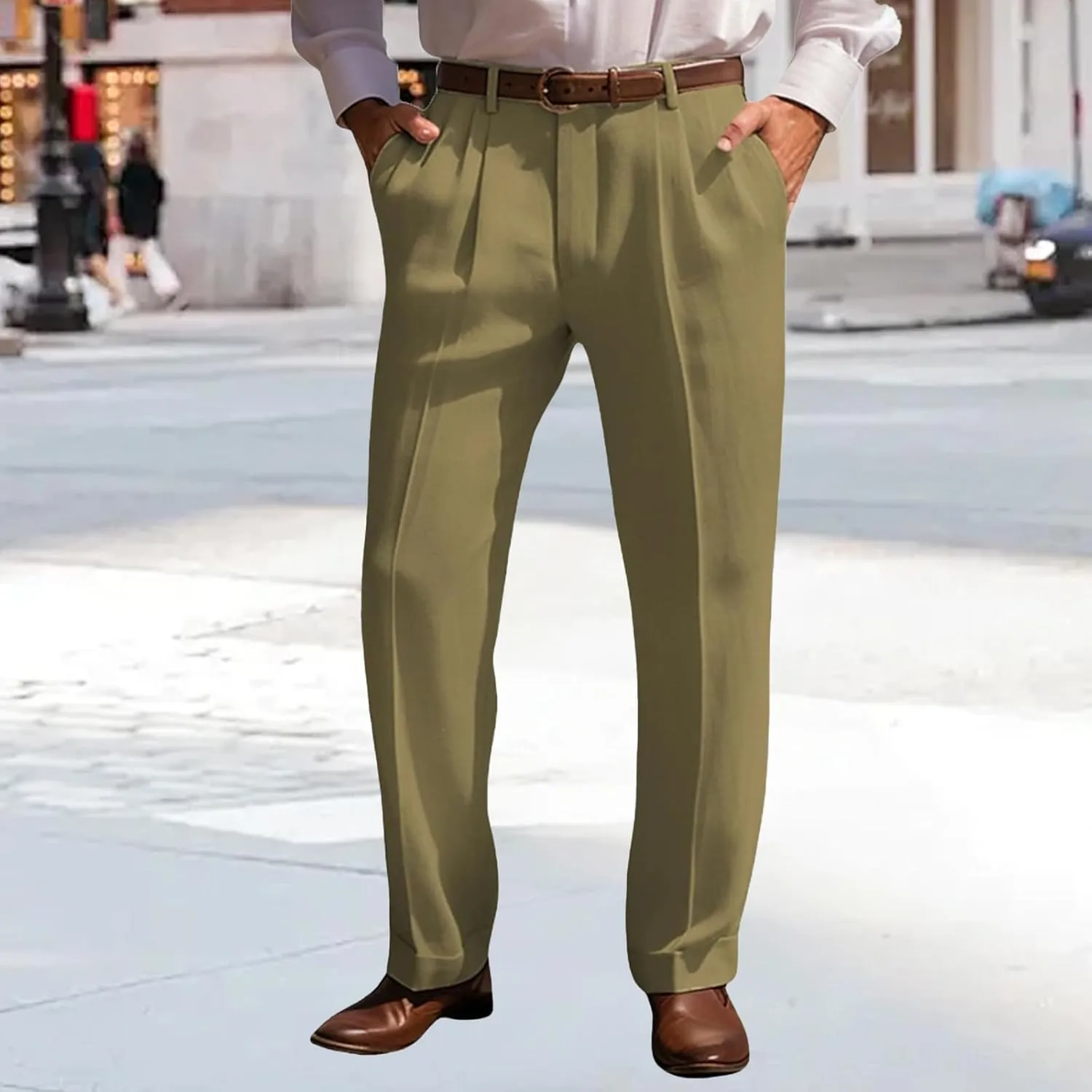 Suit Dress Pants for Men Vintage Slim Fit Stretchy Pant Cotton Linen Breathable Straight Leg Trousers Pleated Slacks