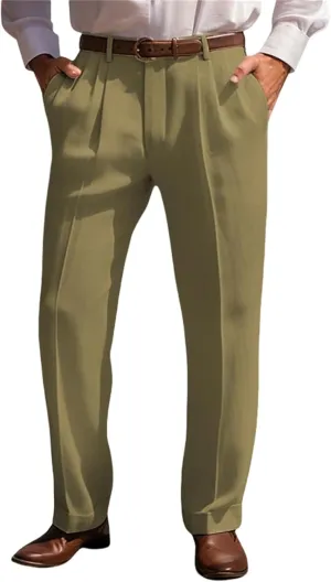 Suit Dress Pants for Men Vintage Slim Fit Stretchy Pant Cotton Linen Breathable Straight Leg Trousers Pleated Slacks
