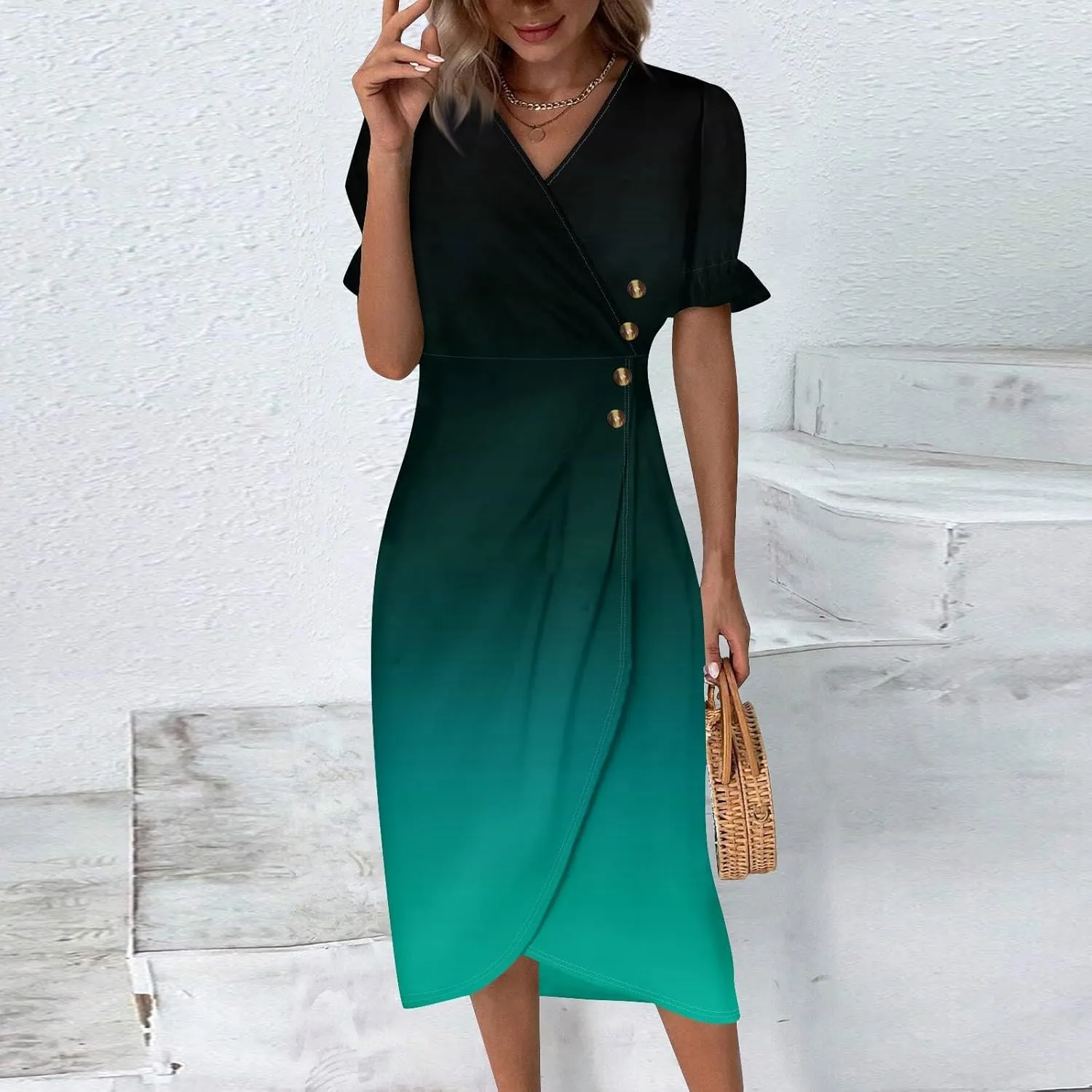 Summer Beach Dresses for Women 2024 Spring Elegant Wrap V Neck Floral Boho Dress Flowy Ruched Hawaiian Maxi Dress
