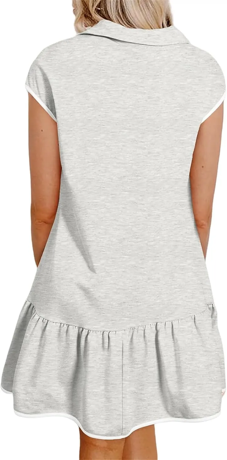 Summer Dresses for Women 2025 Collared Polo Zip Dresses Cap Sleeve Tunic Mini Dress Ruffle Waist Sundresses