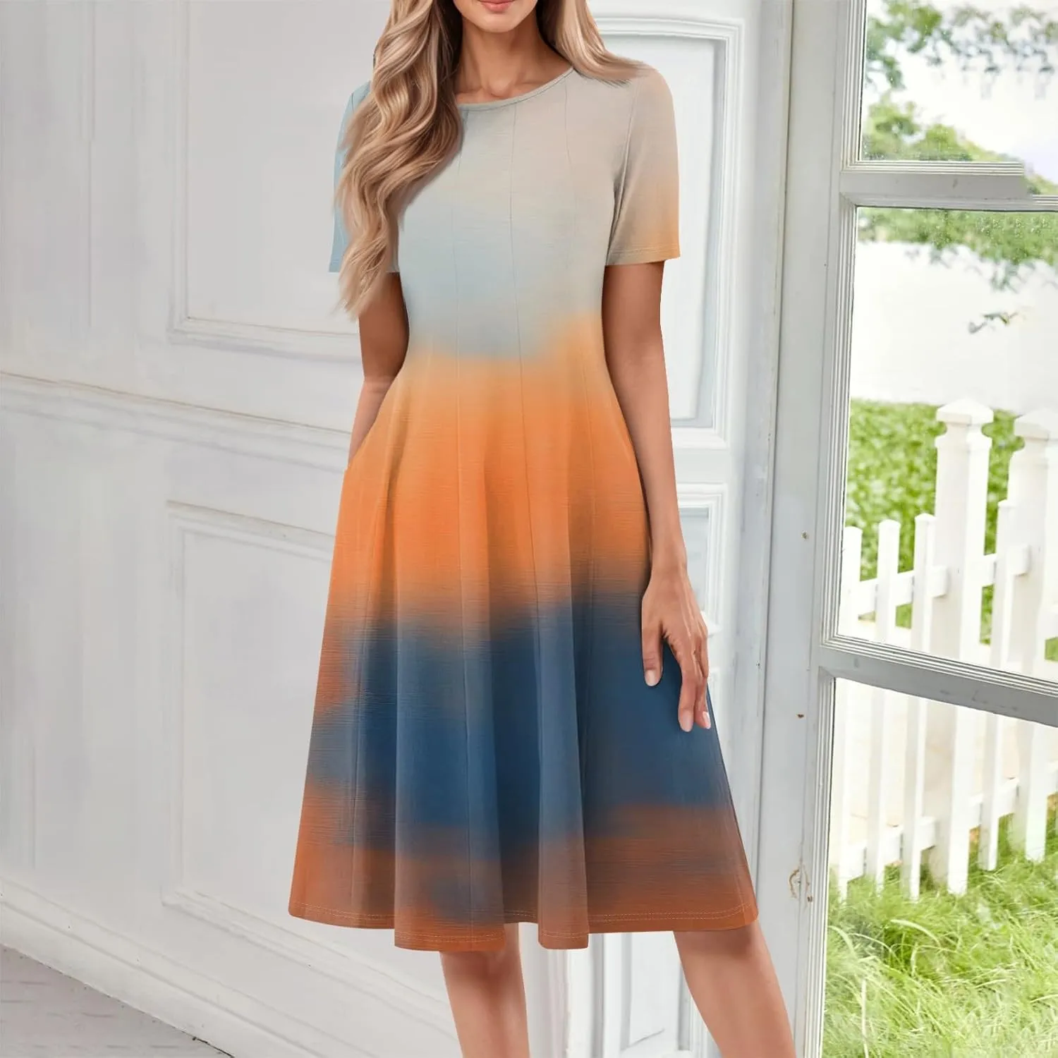 Summer Dresses for Women 2025 Crewneck Short Sleeve A Line Dress Side Pockets Empire Waist Midi Sun Dress Vacation