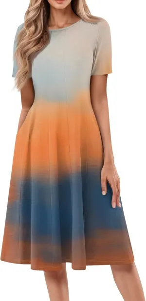Summer Dresses for Women 2025 Crewneck Short Sleeve A Line Dress Side Pockets Empire Waist Midi Sun Dress Vacation
