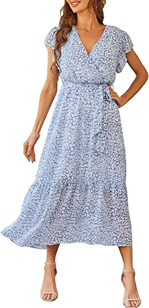 Summer Dresses for Women 2025 Floral Boho Dress Wrap V Neck Short Sleeve Ruffle A-Line Flowy Maxi Wedding Guest Dresses