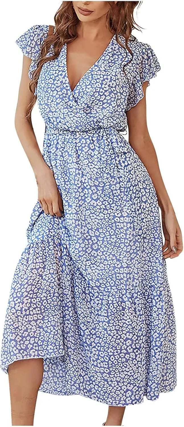 Summer Dresses for Women 2025 Floral Boho Dress Wrap V Neck Short Sleeve Ruffle A-Line Flowy Maxi Wedding Guest Dresses