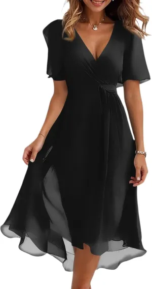 Summer Dresses for Women 2025 Floral Printed Chiffon V Neck Short Sleeve Midi Dress Casual Work A Line Dress