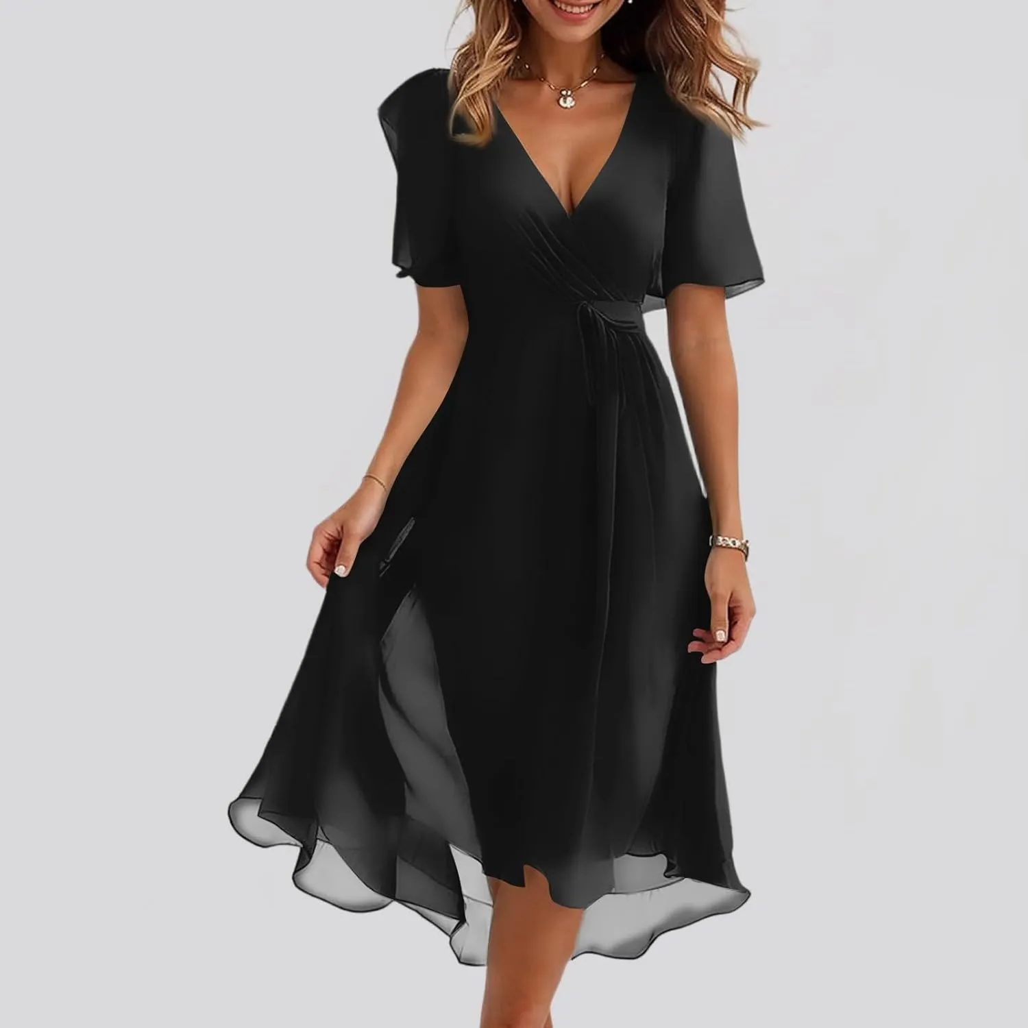 Summer Dresses for Women 2025 Floral Printed Chiffon V Neck Short Sleeve Midi Dress Casual Work A Line Dress
