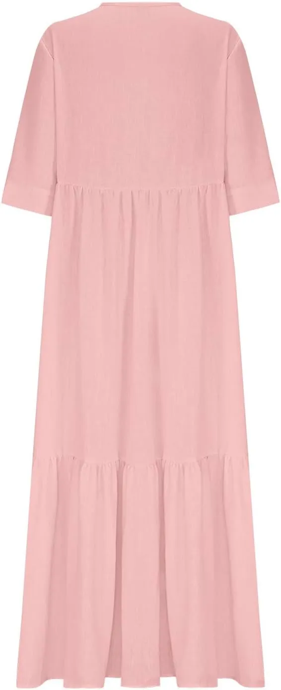 Summer Dresses for Women 2025 Flowy Trendy Casual Cotton Linen Dress Long Beach Vacation Short Sleeve Maxi Sundresses