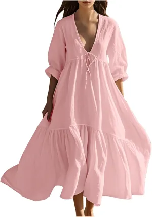 Summer Dresses for Women 2025 Flowy Trendy Casual Cotton Linen Dress Long Beach Vacation Short Sleeve Maxi Sundresses