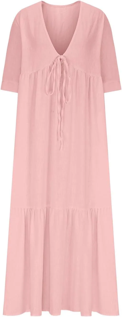 Summer Dresses for Women 2025 Flowy Trendy Casual Cotton Linen Dress Long Beach Vacation Short Sleeve Maxi Sundresses