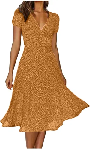 Summer Dresses for Women 2025 Plus Size Short Sleeve V Neck Polka Dot Print Midi Dress Casual Boho Beach Sundresses