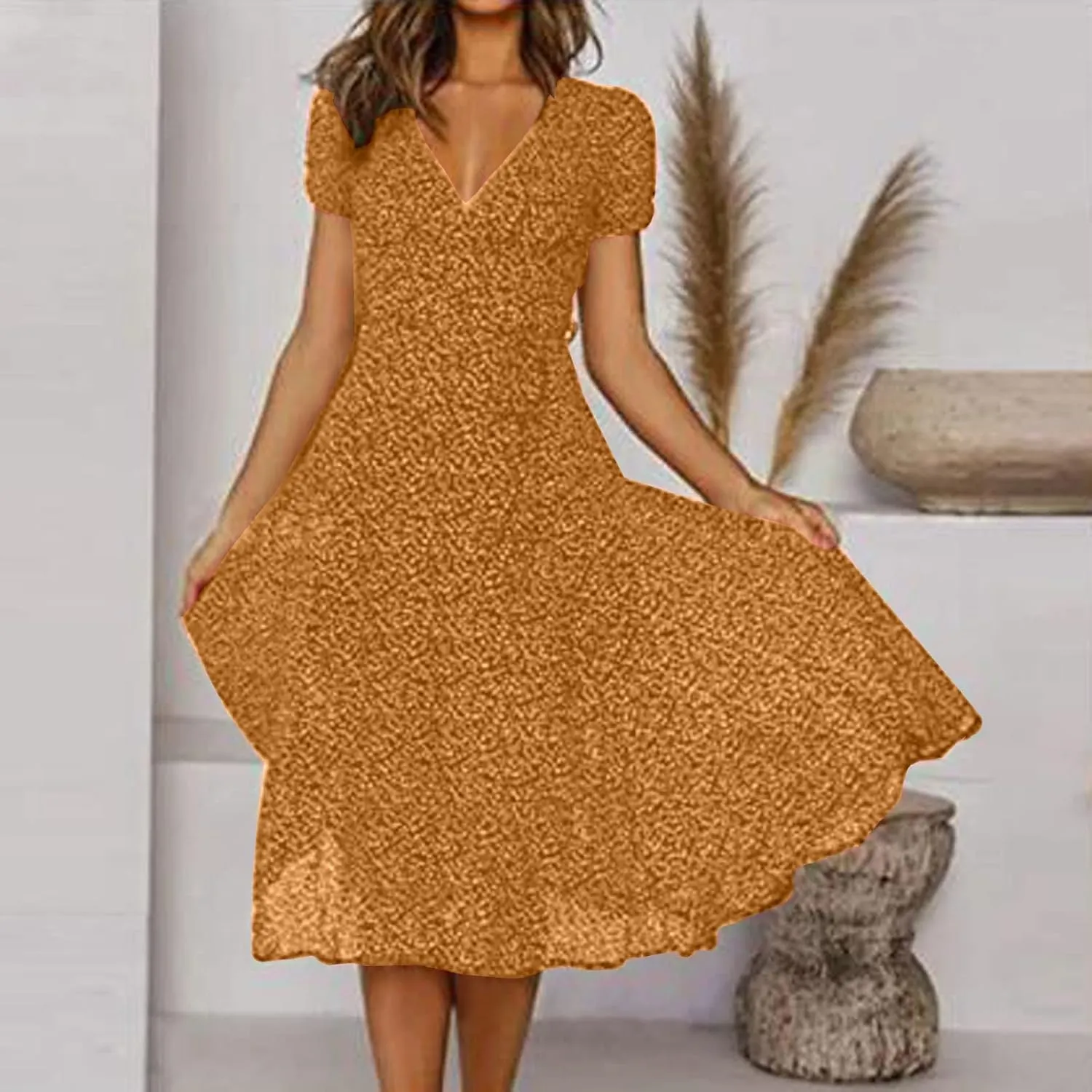 Summer Dresses for Women 2025 Plus Size Short Sleeve V Neck Polka Dot Print Midi Dress Casual Boho Beach Sundresses