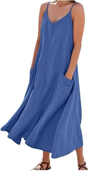 Summer Dresses for Women 2025 Plus Size Sleeveless Linen Dresses Casual Flowy Beach Maxi Sun Dress with Pocket